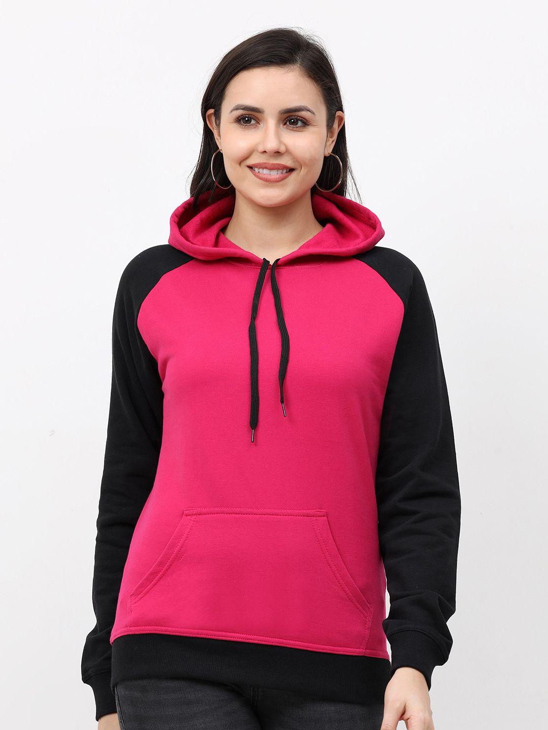 Fleximaa Women Pink & Black Colourblocked Cotton Hooded Sweatshirt