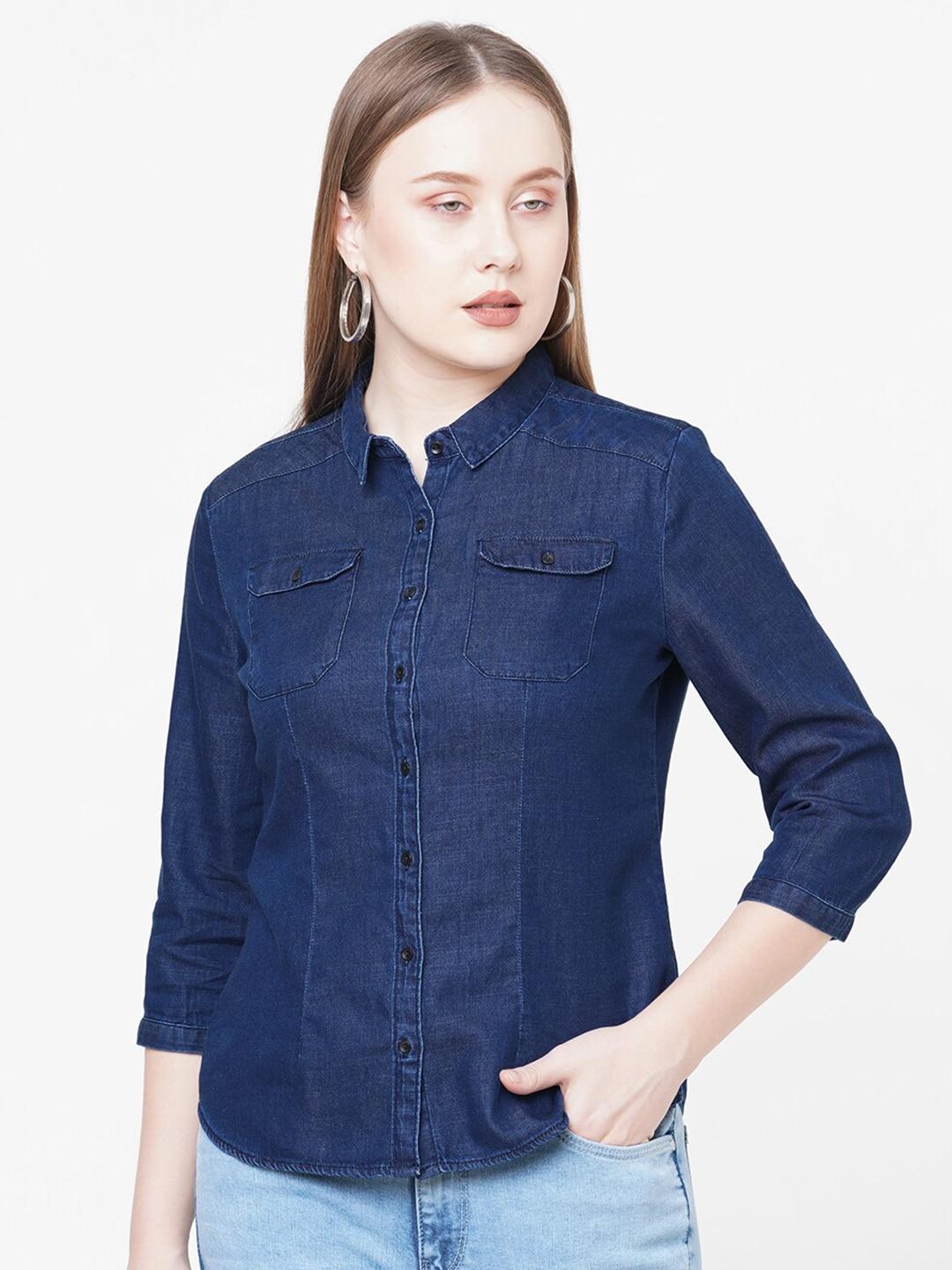 Kraus Jeans Women Blue Slim Fit Casual Cotton Shirt