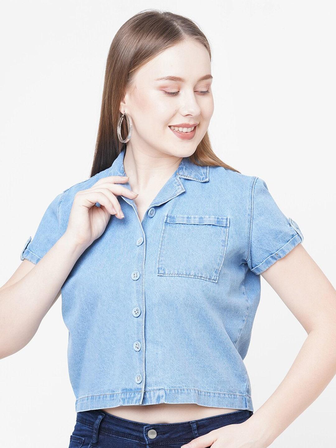 Kraus Jeans Women Blue Solid Slim Fit Casual Shirt