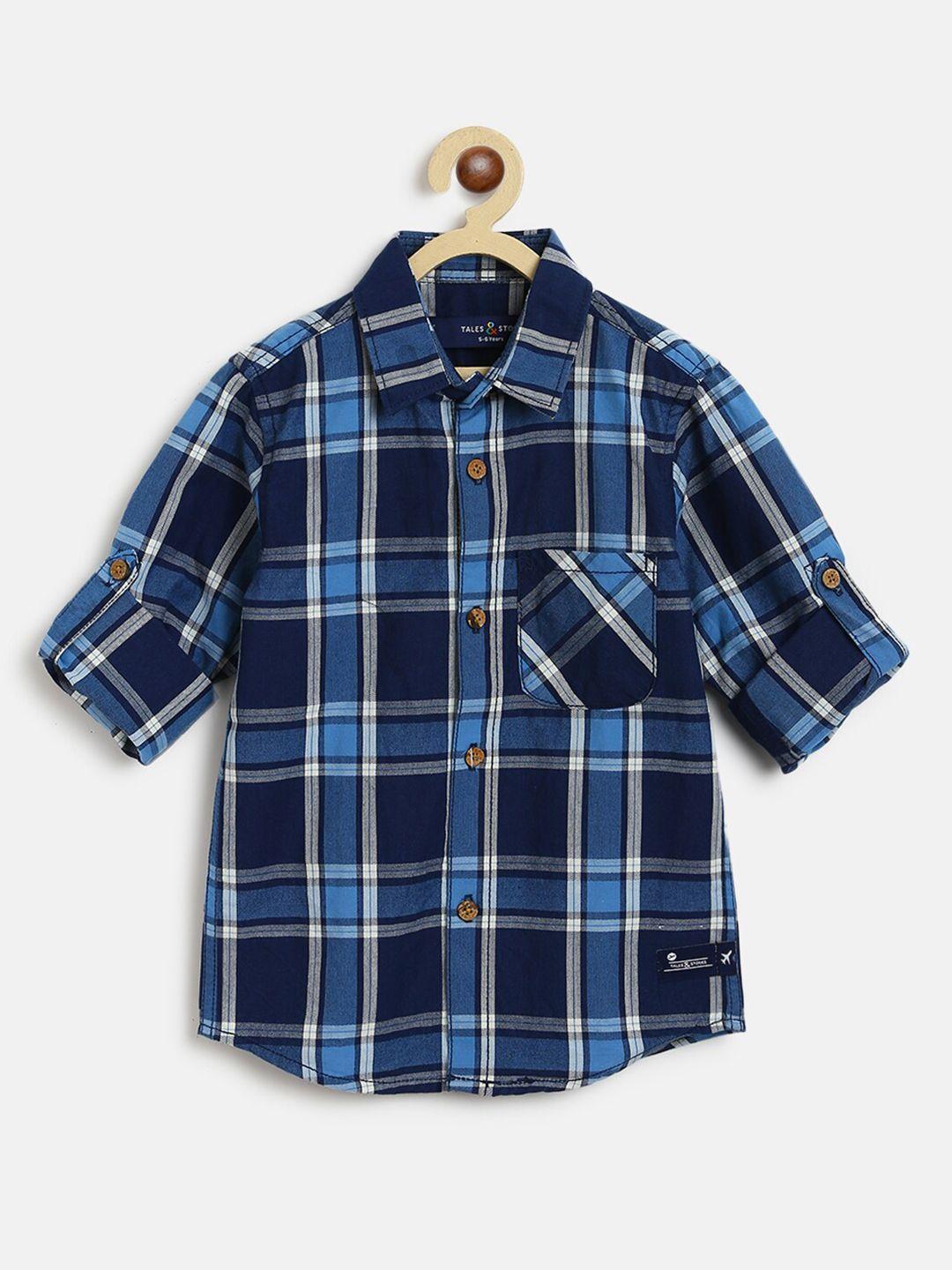 TALES & STORIES Boys Blue Checked Cotton Casual Shirt