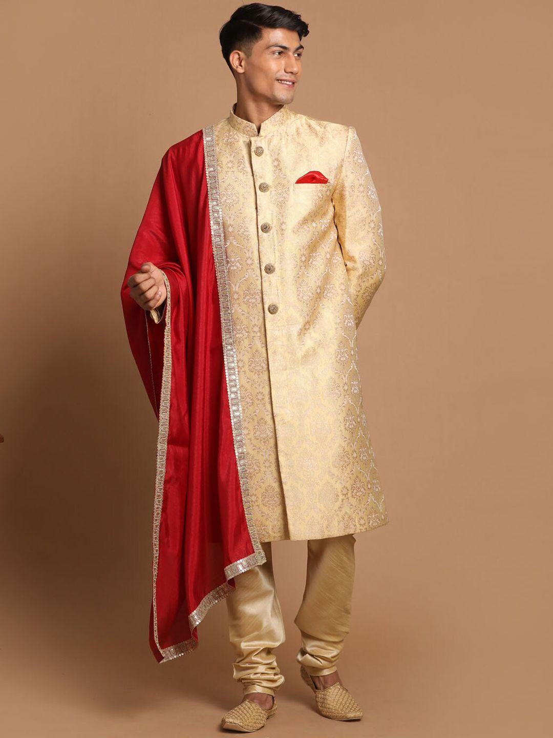 vastramay-men-red-&-cream-woven-design-sherwani-set