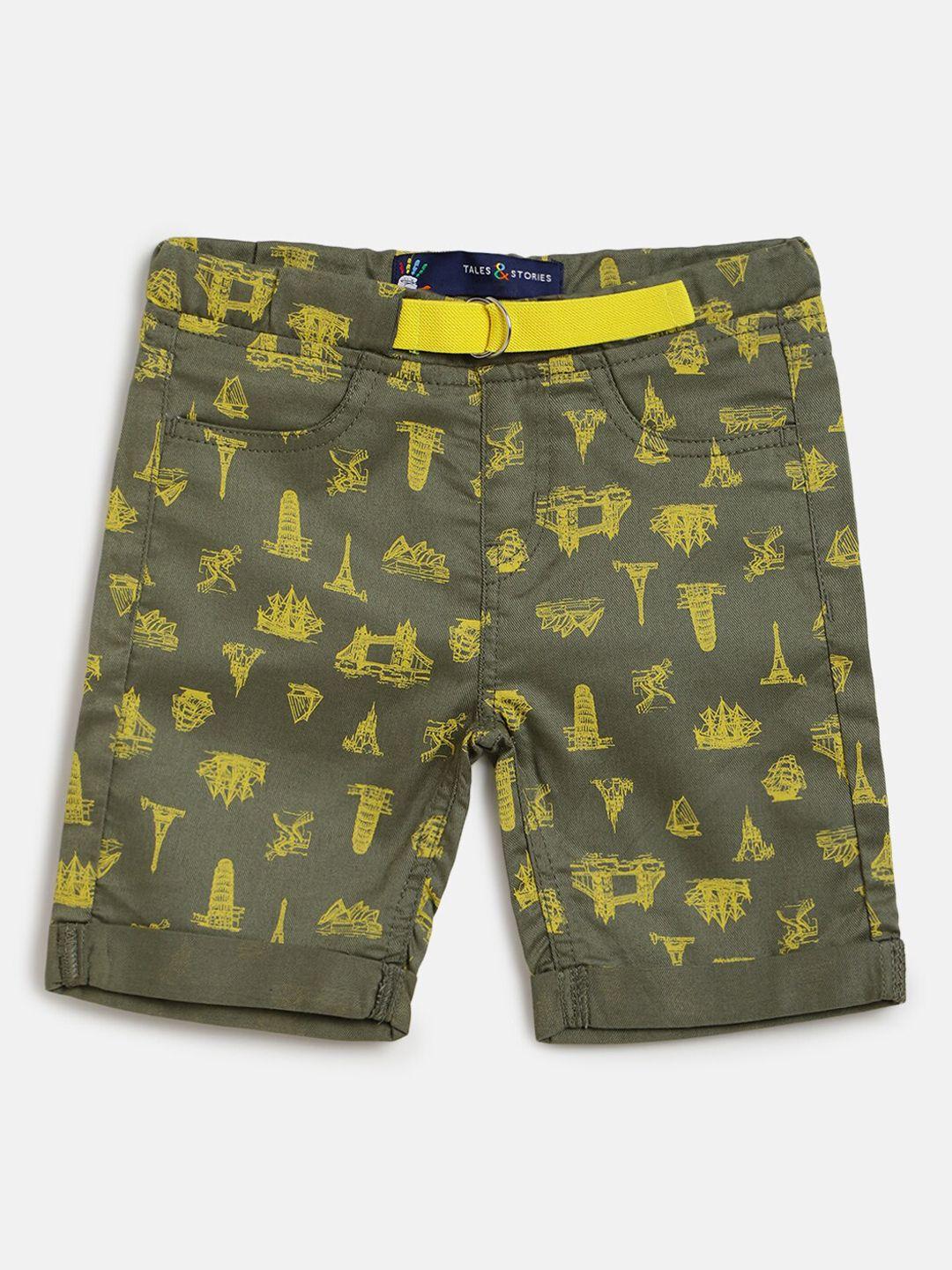 TALES & STORIES Boys Olive Green Conversational Printed Cotton Shorts