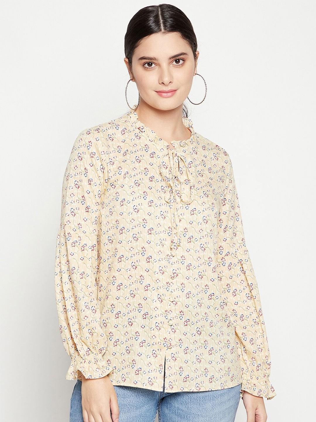 madame-yellow-floral-print-tie-up-neck-top