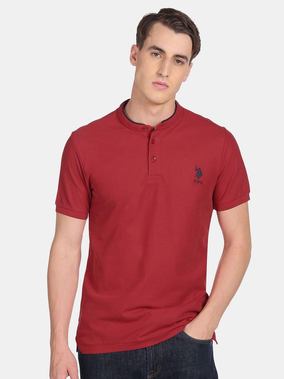 U S Polo Assn Men Red Mandarin Collar Cotton T-shirt