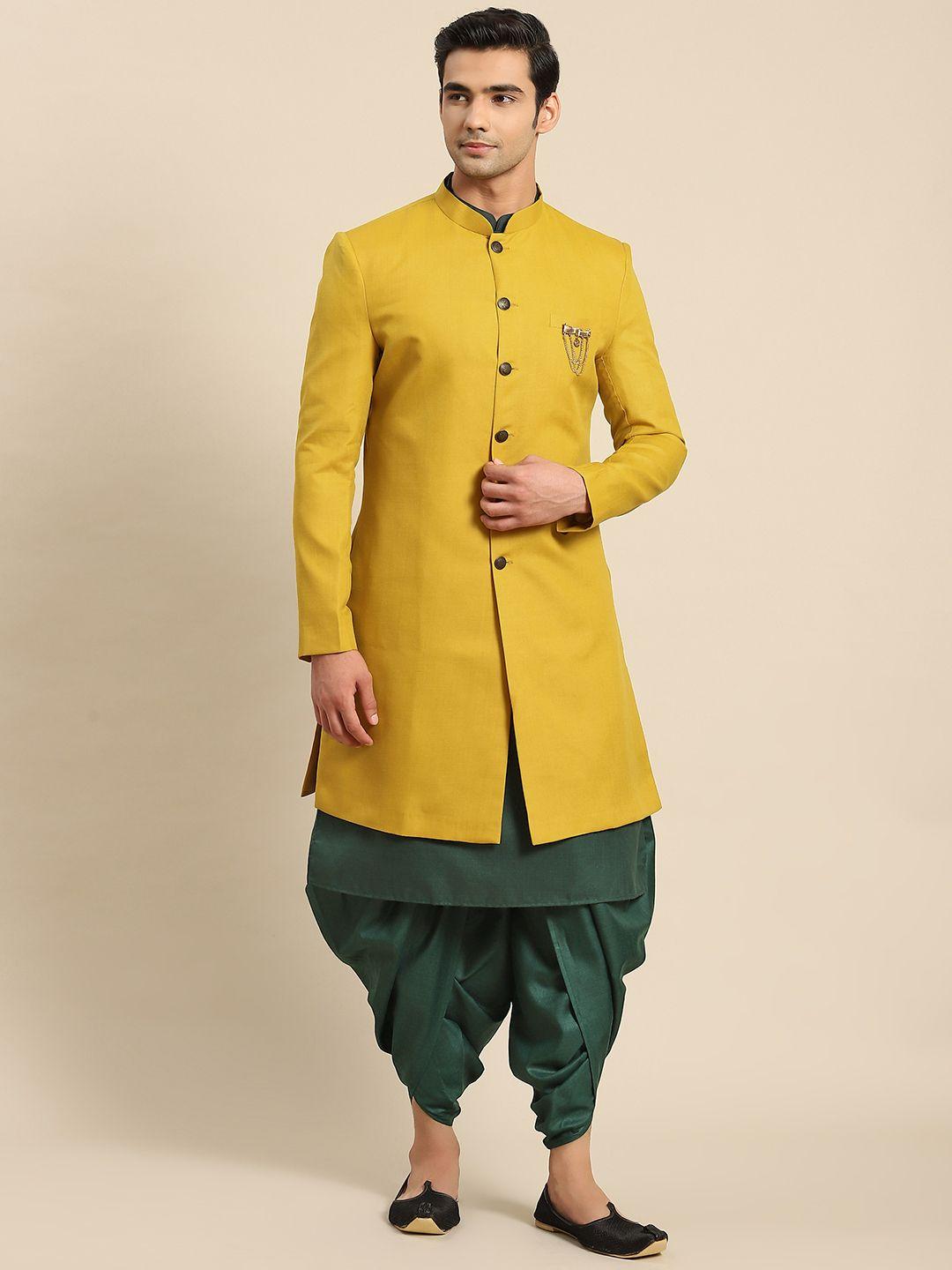 kisah-men-green-&-mustard-yellow-solid-sherwani-set
