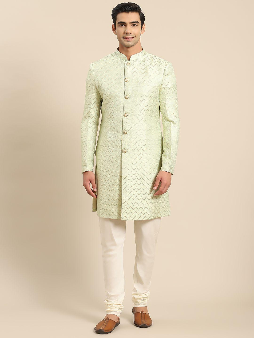 kisah-men-sea-green-&-white-solid-sherwani-set