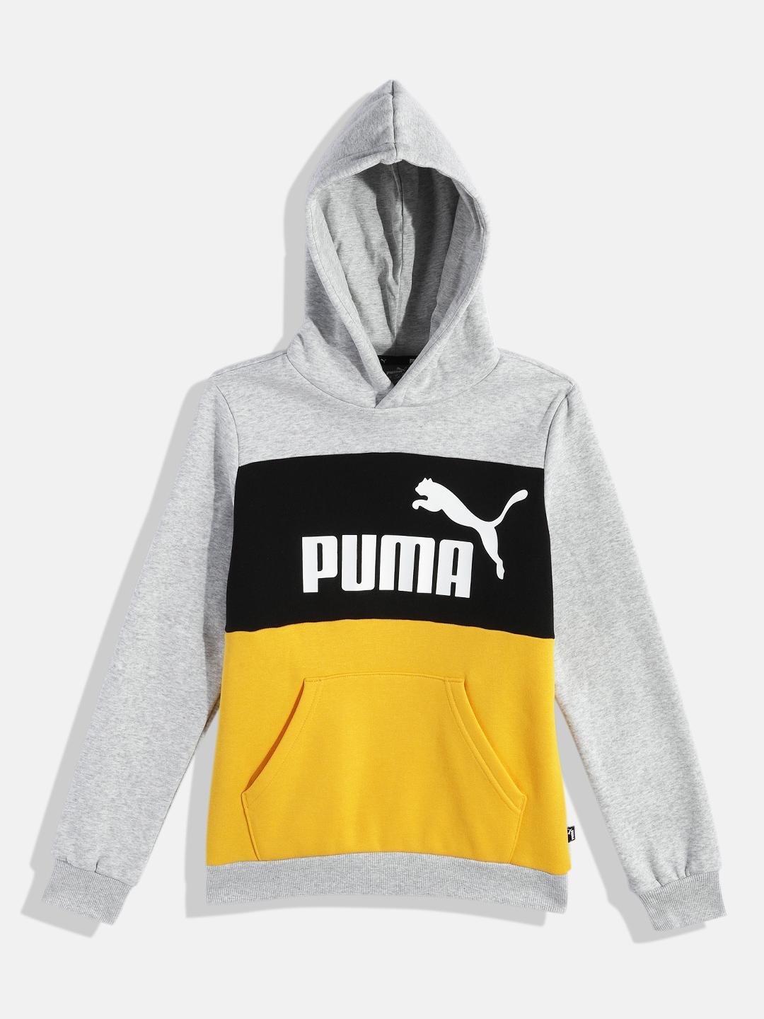Puma Boys Grey Melange & Black Colourblocked Hooded Sweatshirt