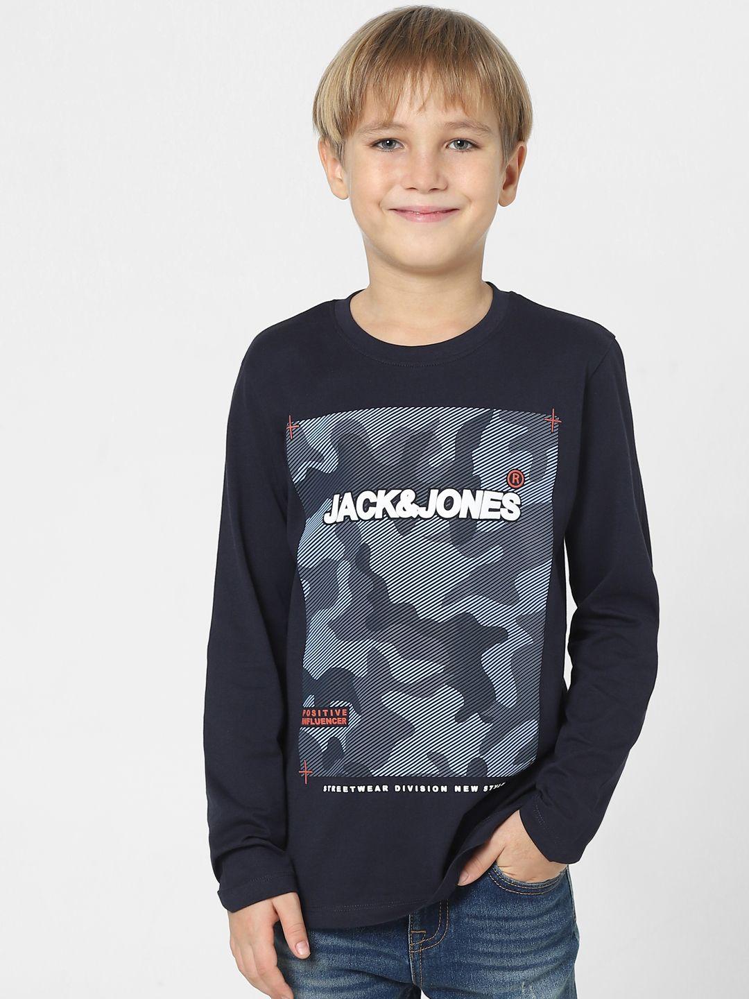 Jack & Jones Junior Boys Navy Blue Camouflage Printed Raw Edge Slim Fit T-shirt