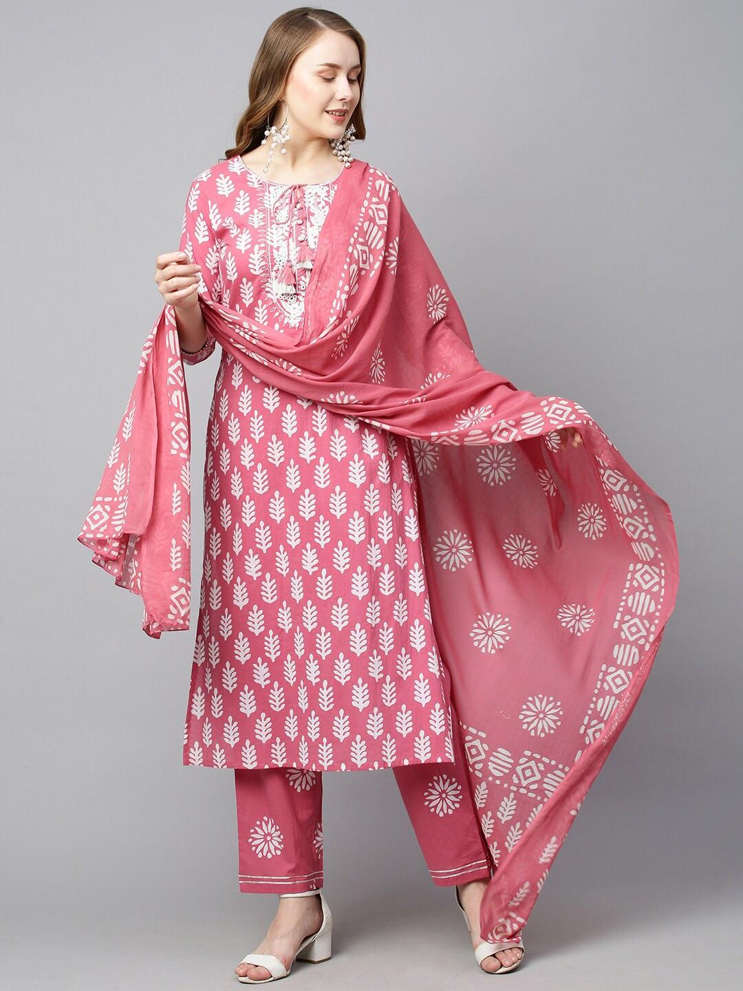 FASHOR Women Pink Floral Printed Pure Cotton Kurta with Palazzos & With Dupatta