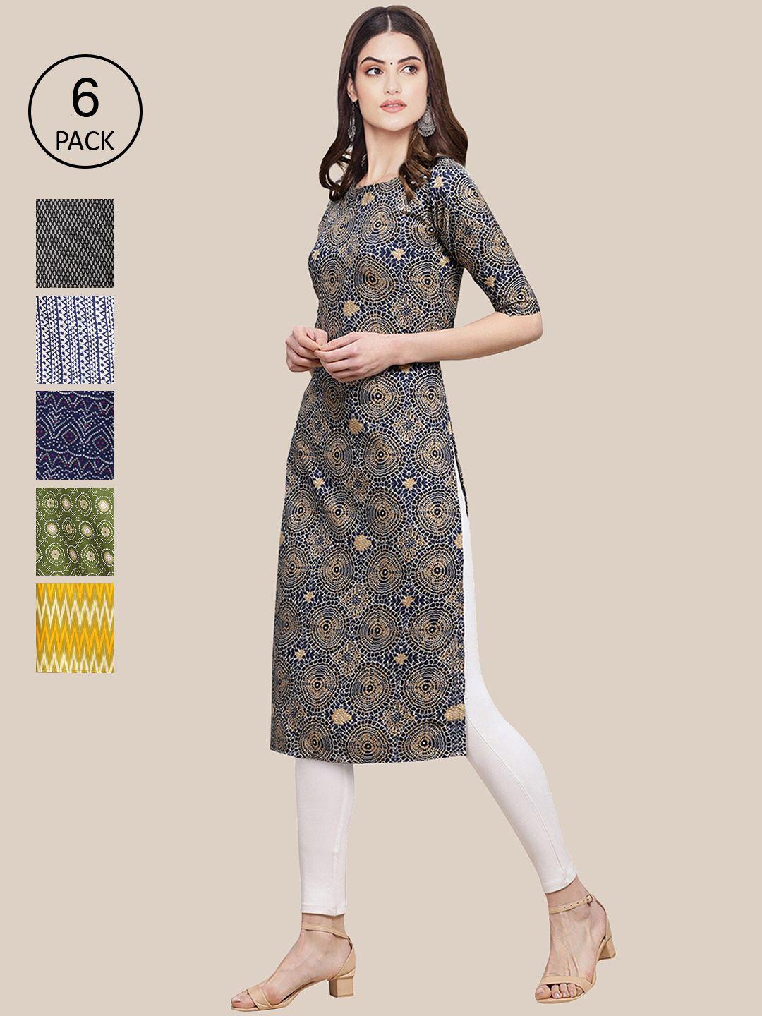 1-stop-fashion-women-multicoloured-pack-of-6-digital-printed-straight-kurta