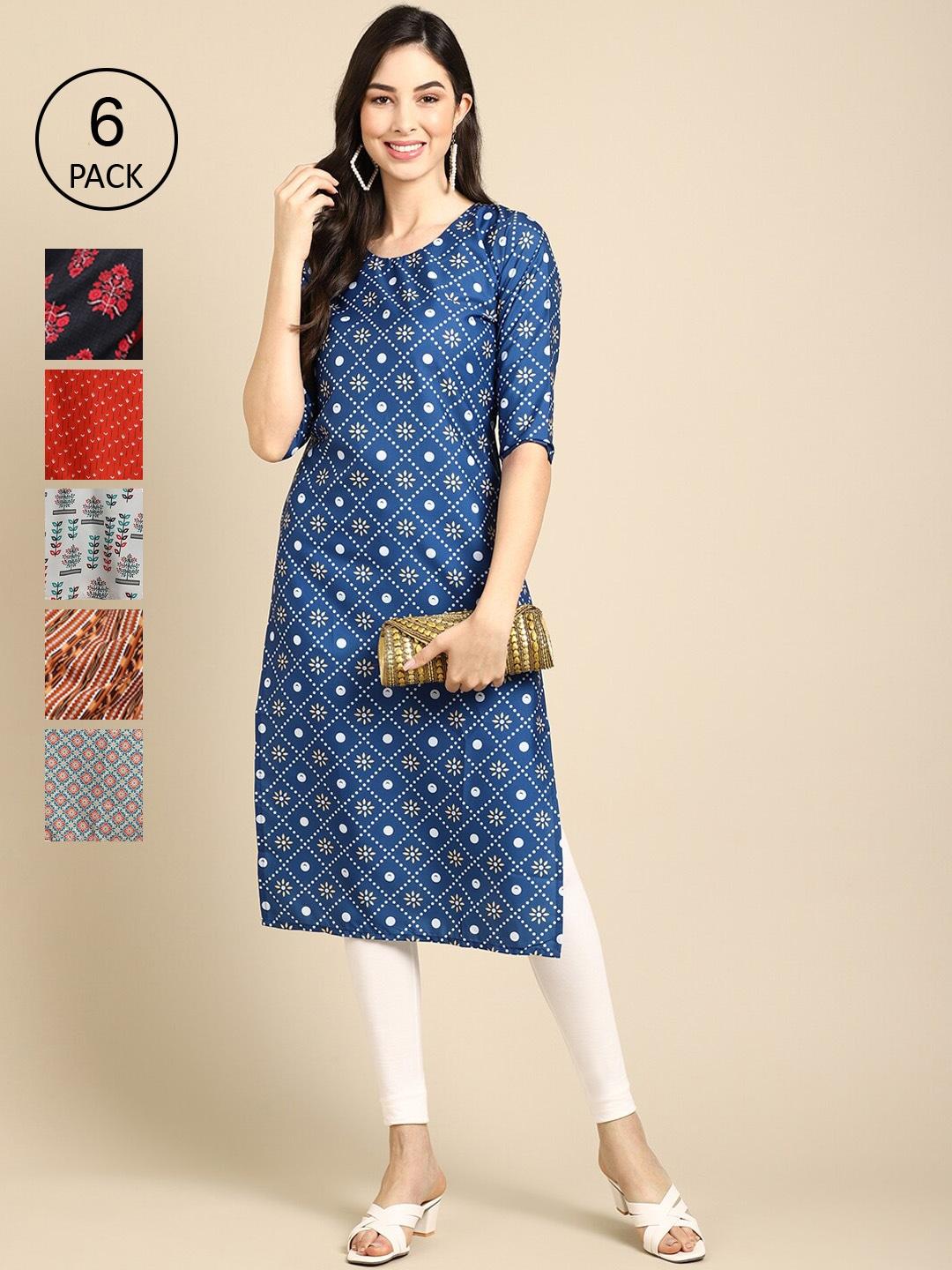 1-stop-fashion-women-blue-&-red-pack-of-6-geometric-printed-summer-sheers-crepe-kurta