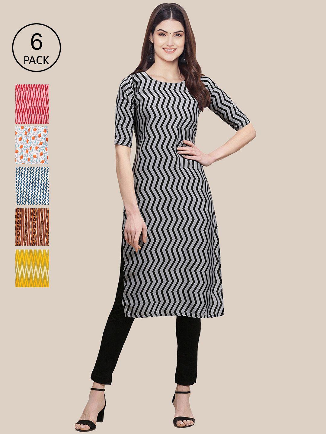 1-stop-fashion-pack-of-6-women-grey-&-red-geometric-striped-crepe-kurta