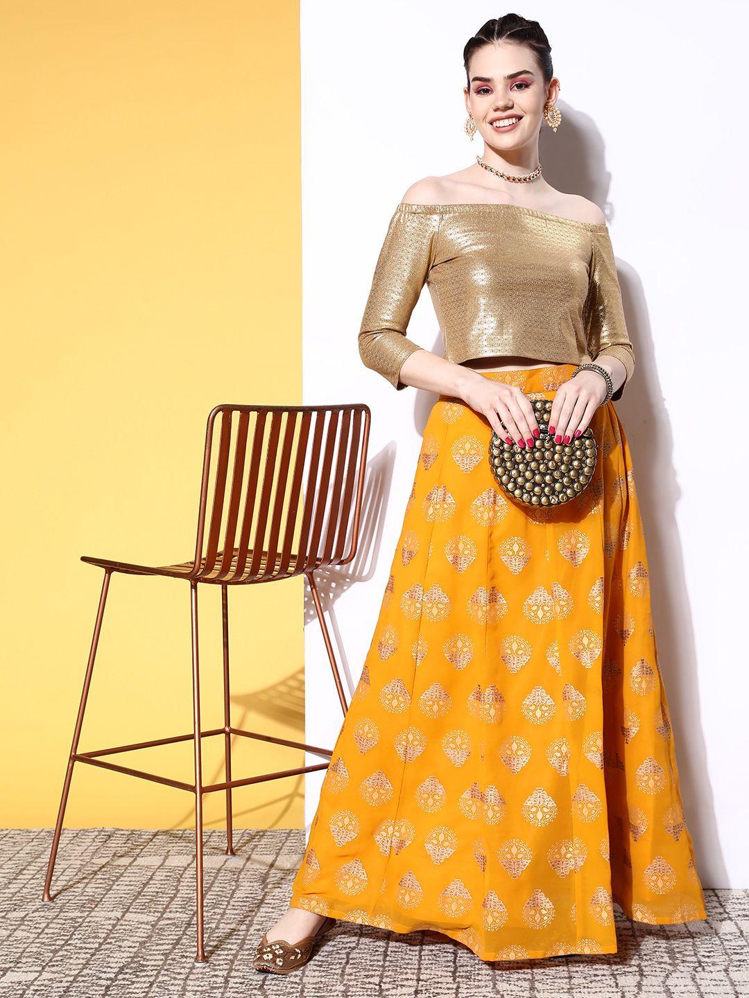 Libas Charming Mustard Floral Brocade Skirt