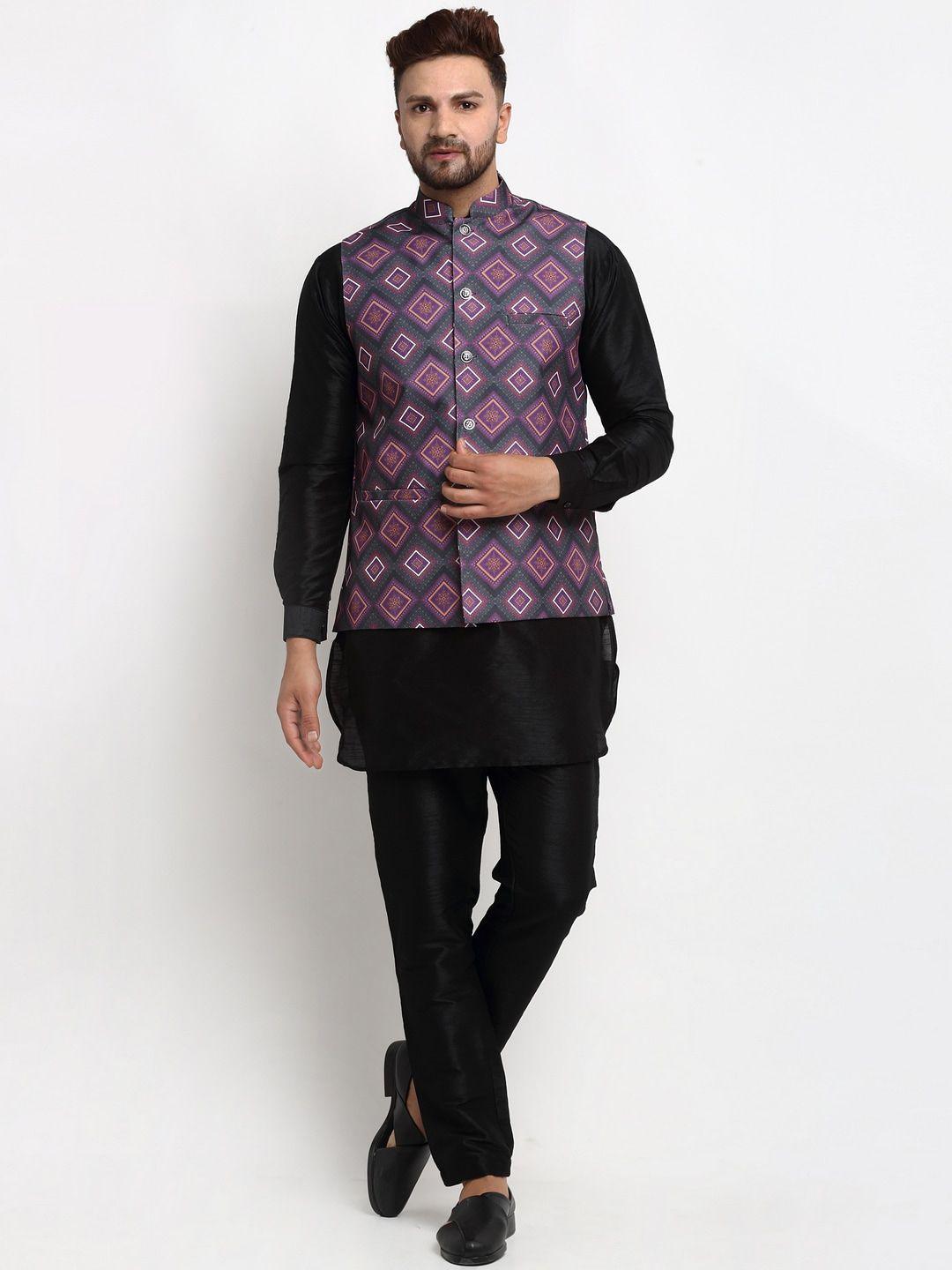 benstoke-men-black-kurta-set-with-printed-nehru-jacket