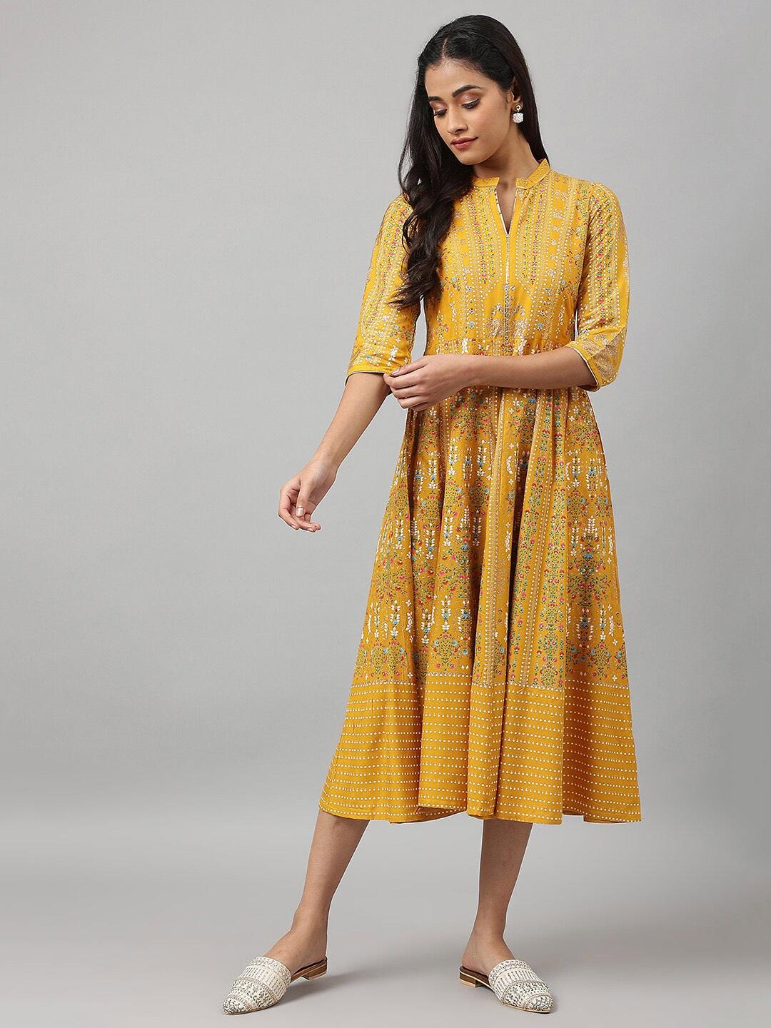 W Yellow Ethnic Motifs Chiffon Ethnic A-Line Midi Dress