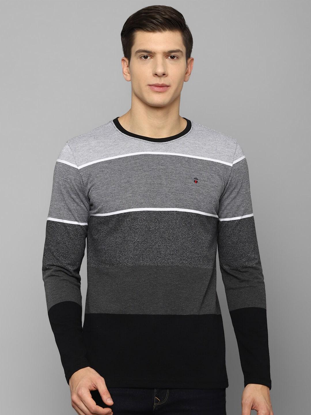 Louis Philippe Sport Men Grey & Black Striped Slim Fit Long sleeves T-shirt