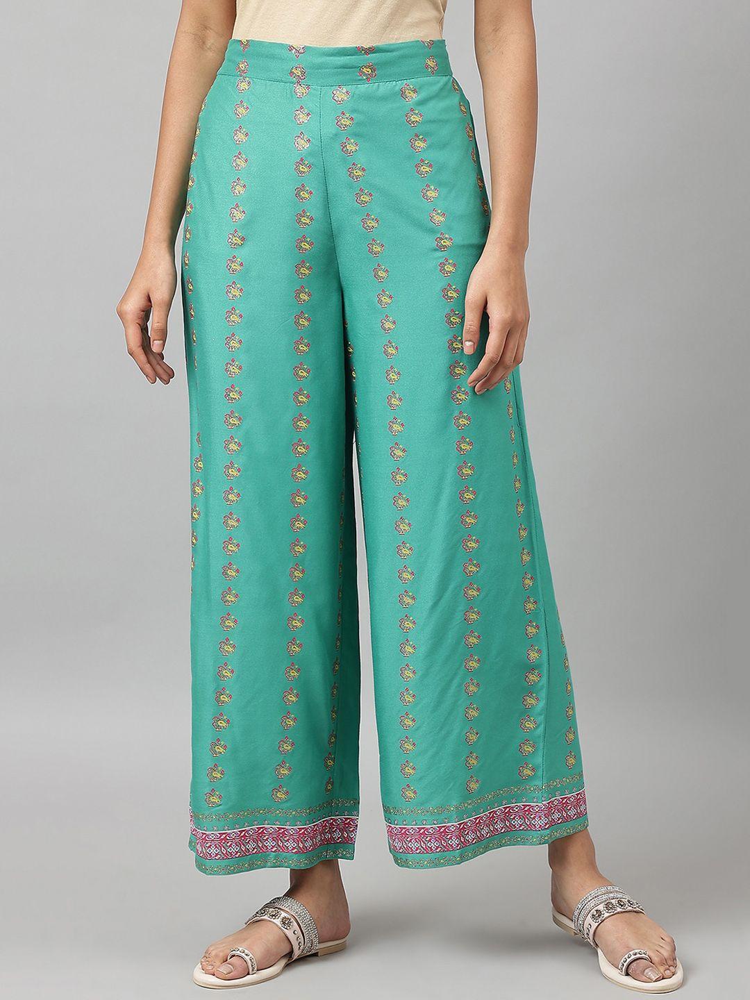 w-women-green-ethnic-motifs-printed-trousers