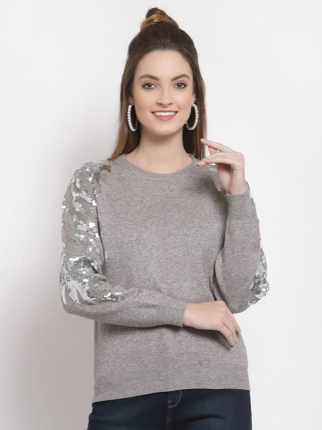 mafadeny-women-grey-pullover-with-embellished-detail