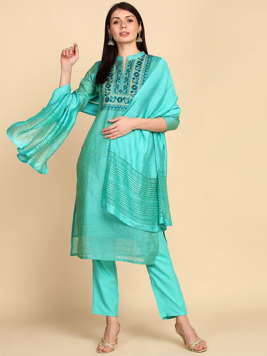 bani-women-sea-green-embroidered-chanderi-cotton-kurta-with-trousers-&-with-dupatta