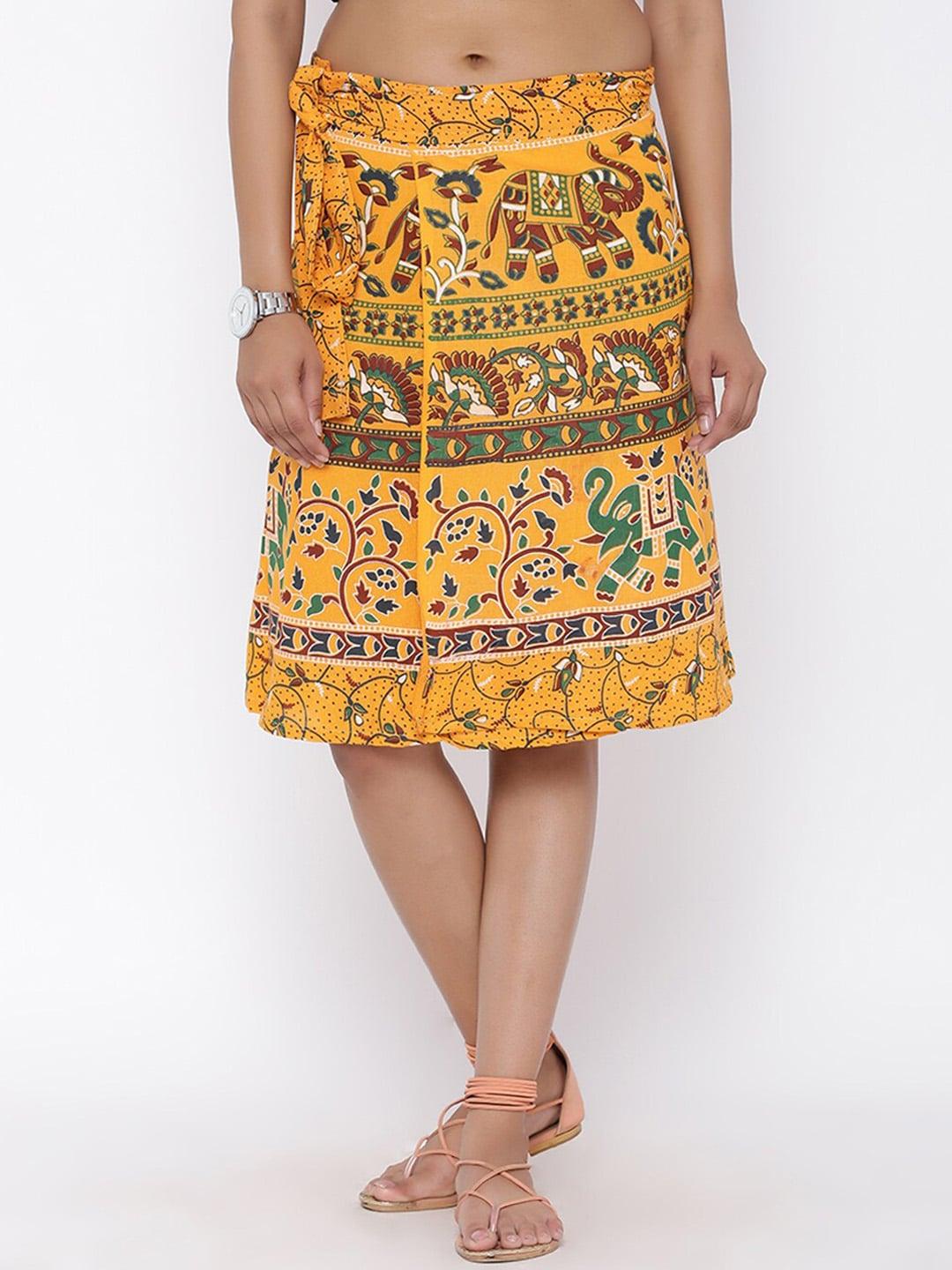 SOUNDARYA Women Yellow Printed Knee-Length Cotton Skirt