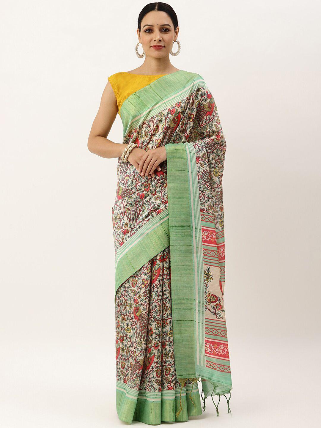 vishnu-weaves-green-&-pink-kalamkari-jute-silk-tussar-saree