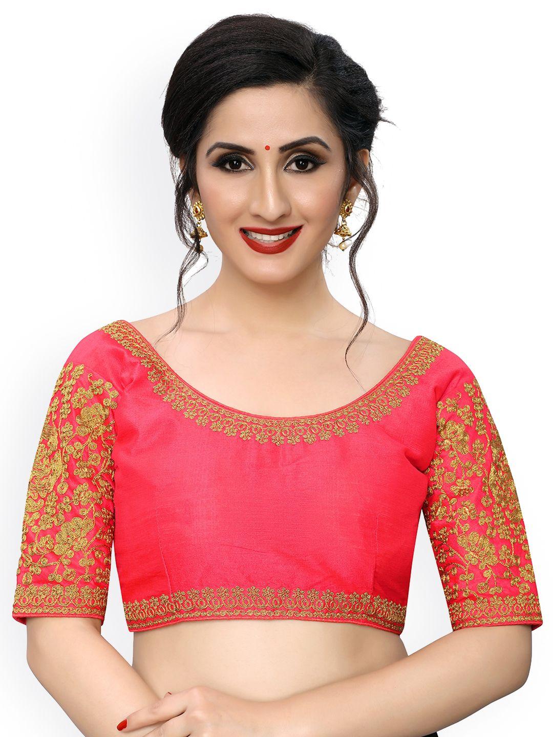 amrutam-fab-women's-embroidered-peach-phantom-silk-blouse-with-round-neck