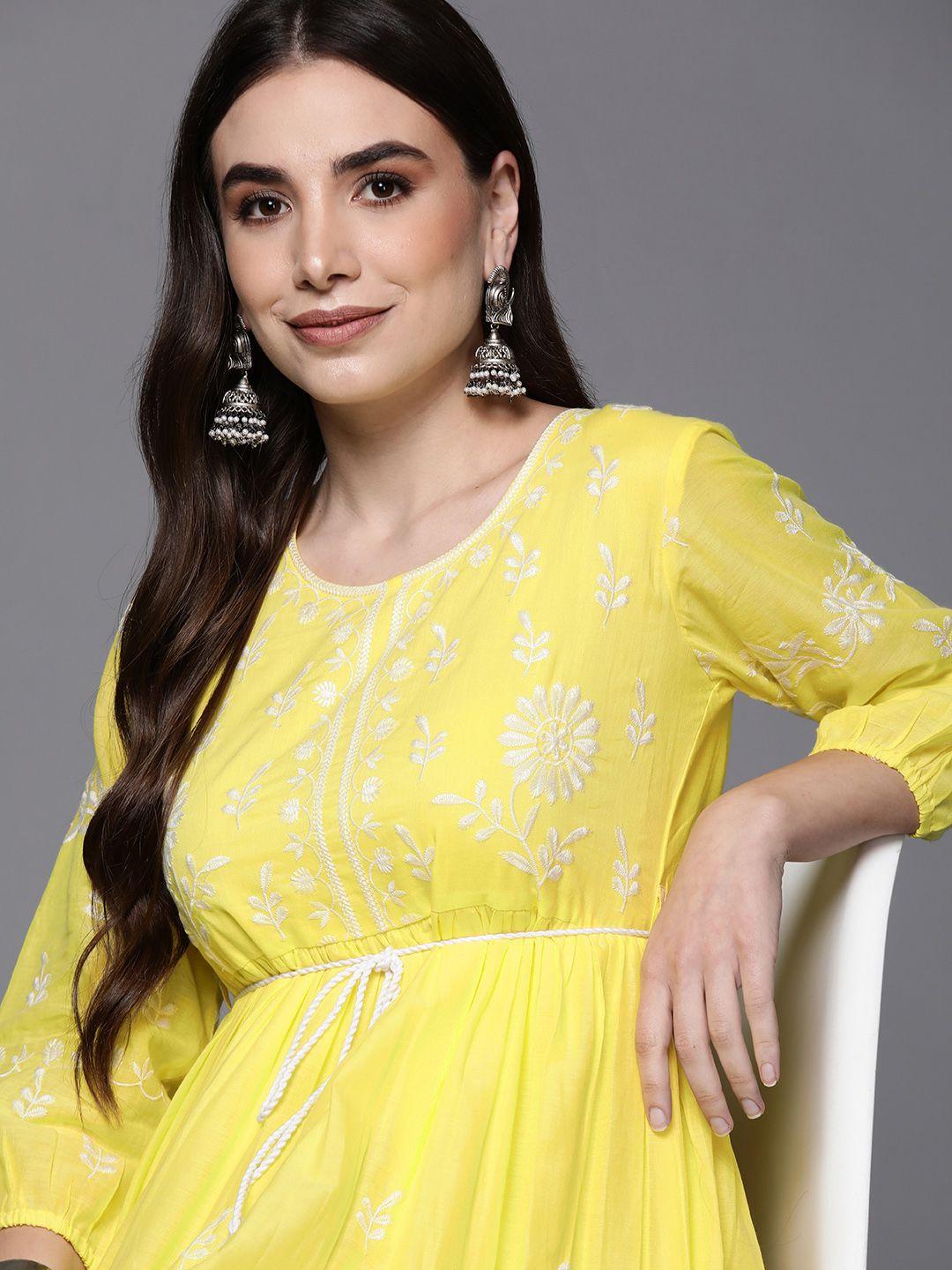 Indo Era Yellow Floral Embroidered Ethnic A-Line Dress
