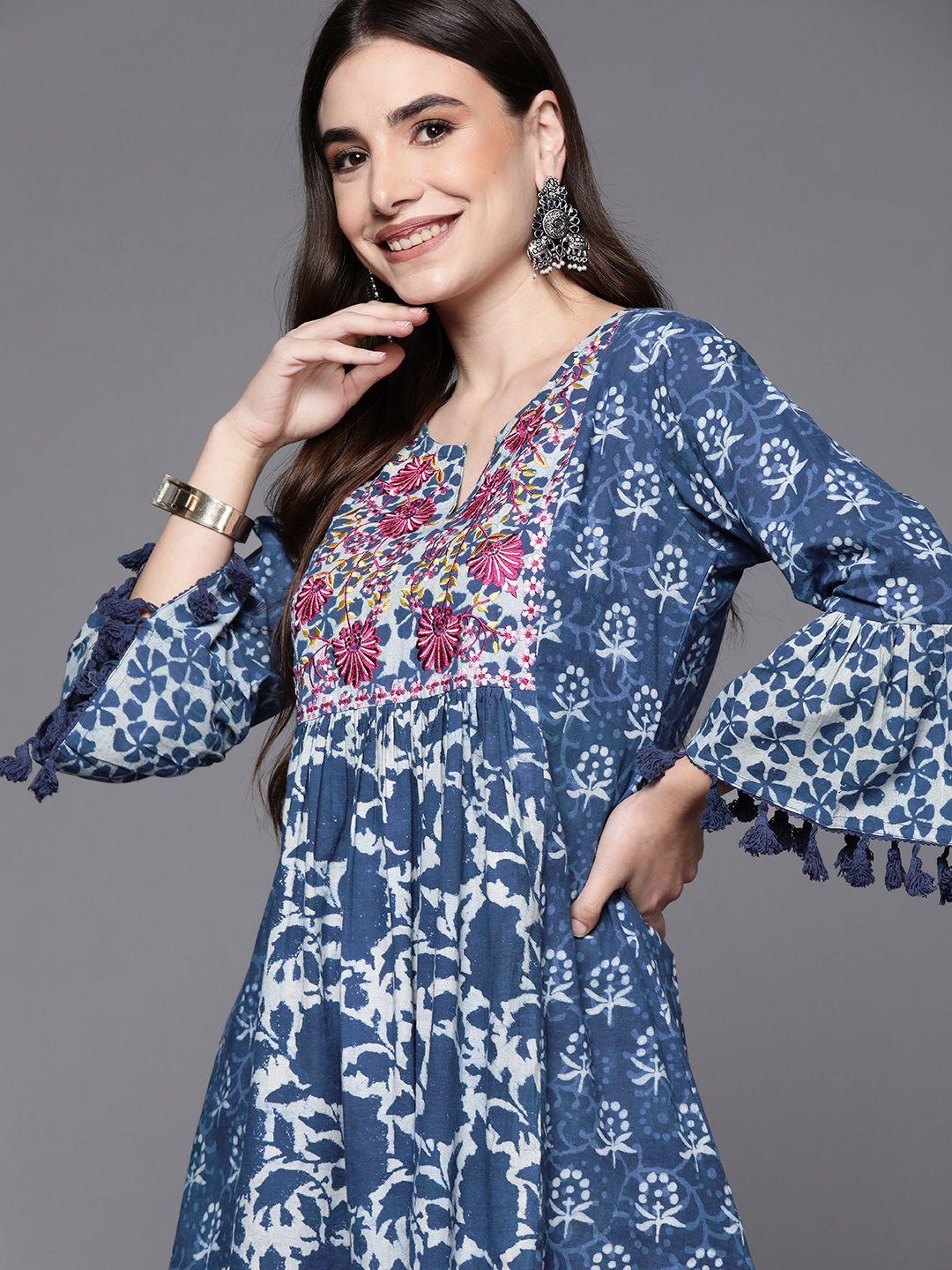 Indo Era Blue Floral Embroidered Ethnic A-Line Dress