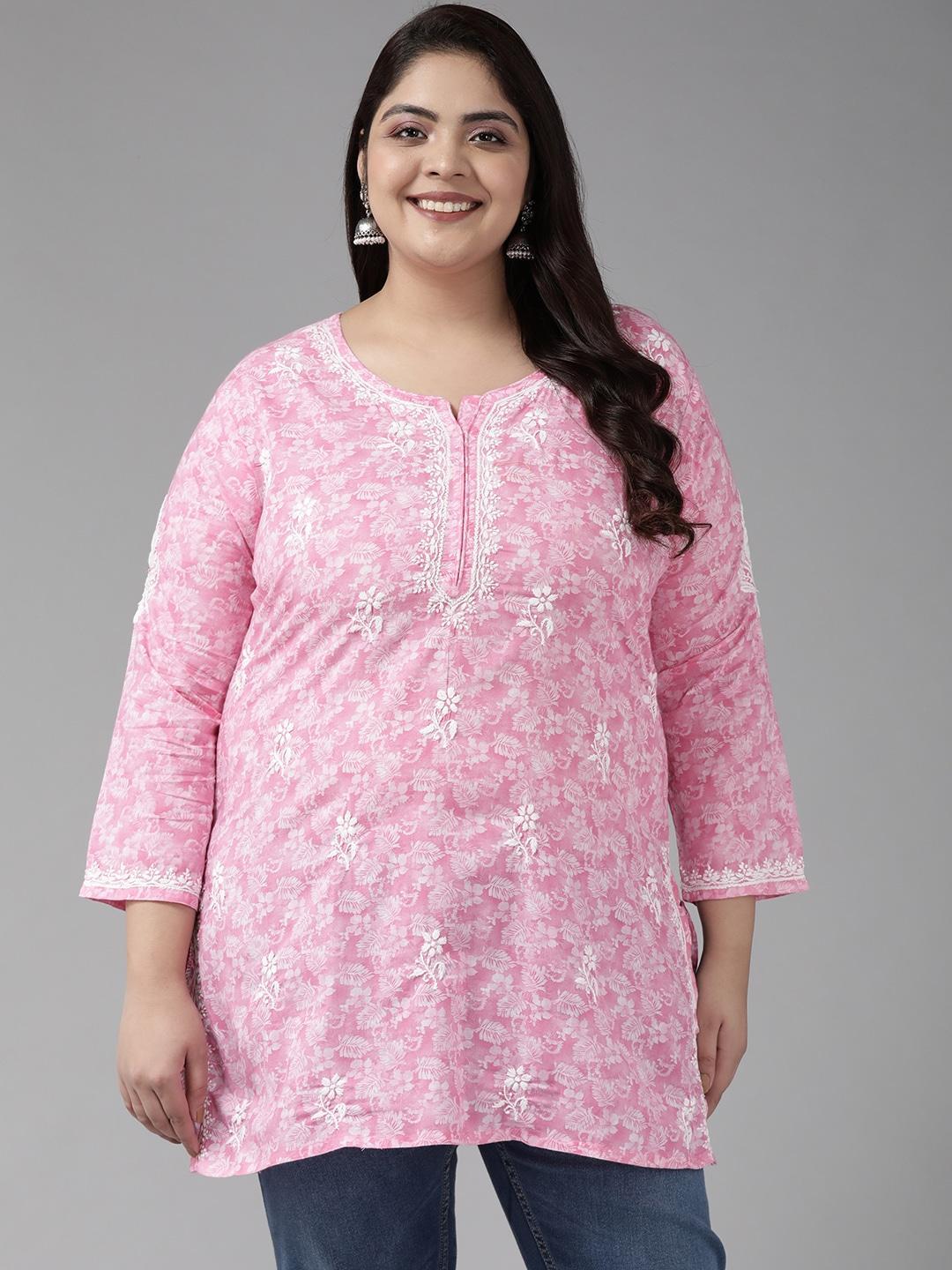 ADA Plus Size Pink Floral Embroidered Chikankari Handloom Kurti