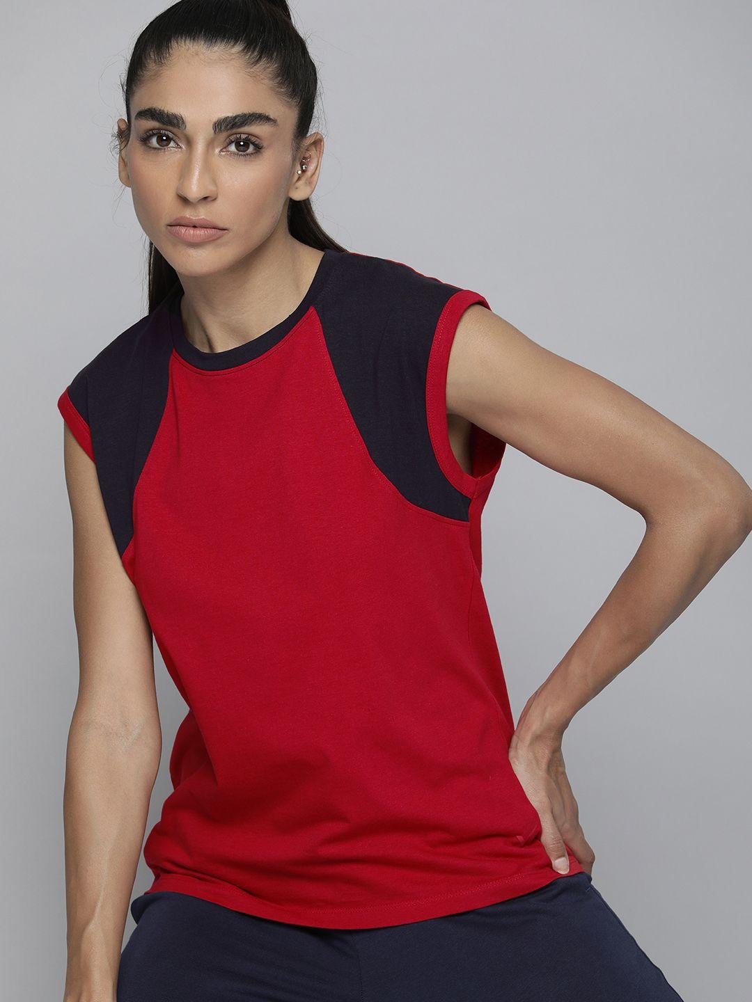 HRX by Hrithik Roshan Women Red & Navy Blue Pure Cotton Colourblocked T-shirt