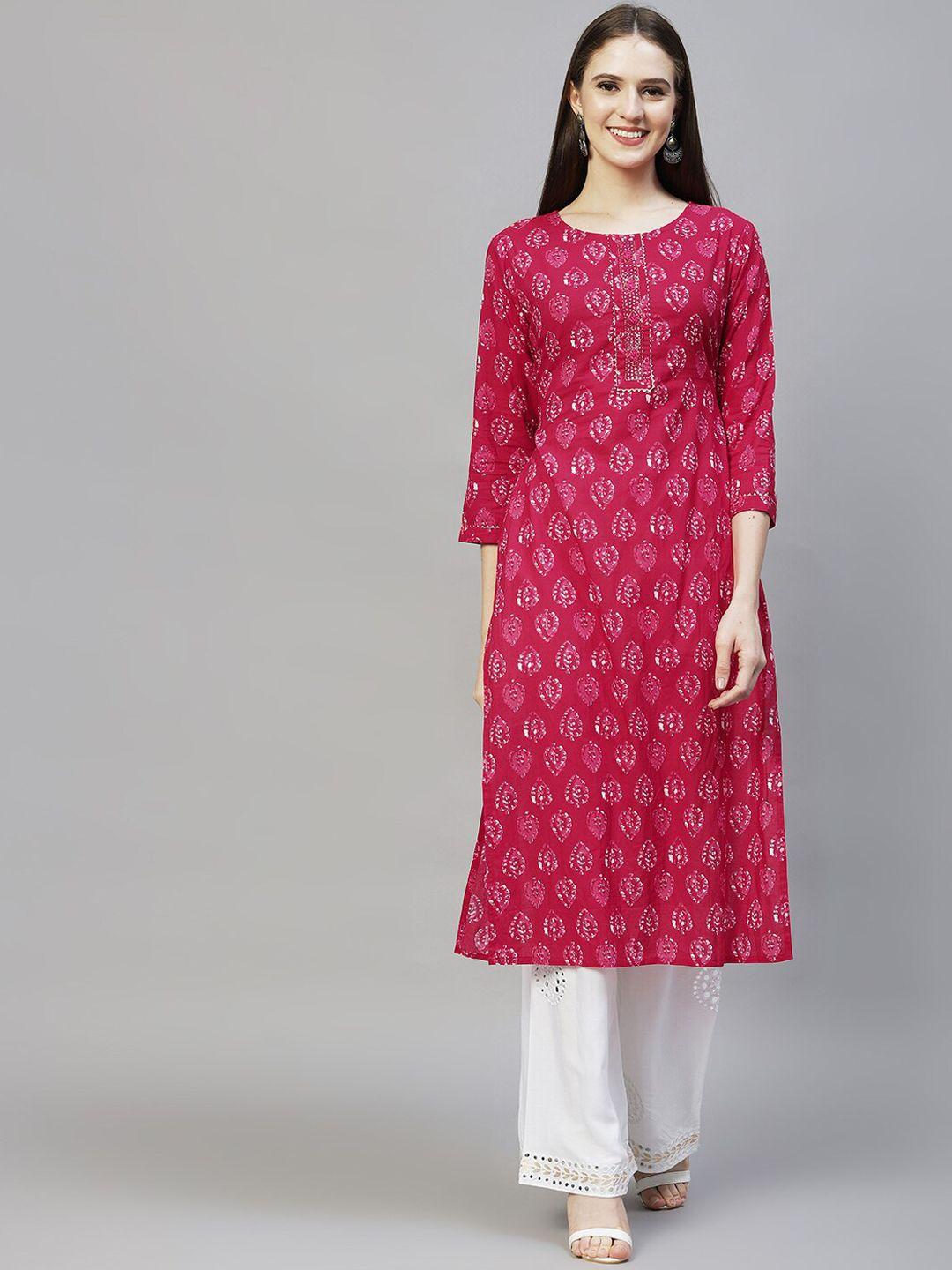 FASHOR Women Pink Floral Embroidered Mirror Work Pure Cotton Straight Kurta with Palazzo