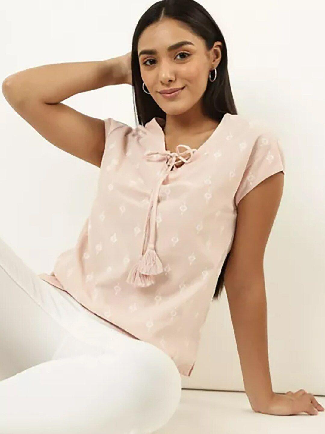 marks-&-spencer-women-pink-&-white-print-tie-up-neck-top