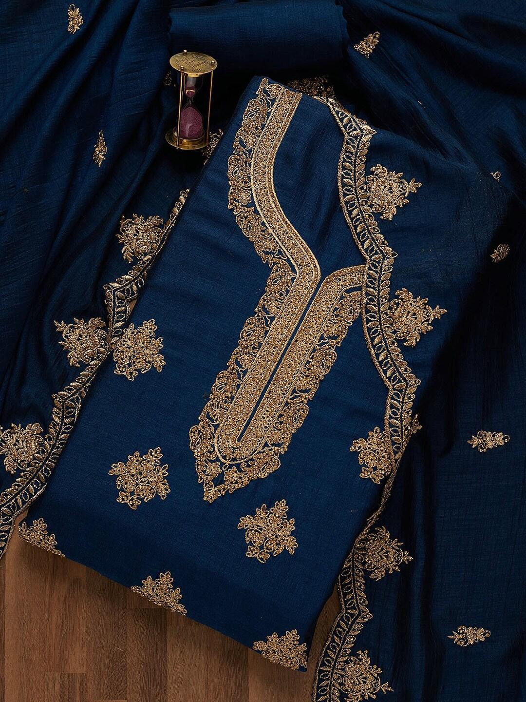 Koskii Blue & Gold-Toned Embroidered Art Silk Unstitched Dress Material
