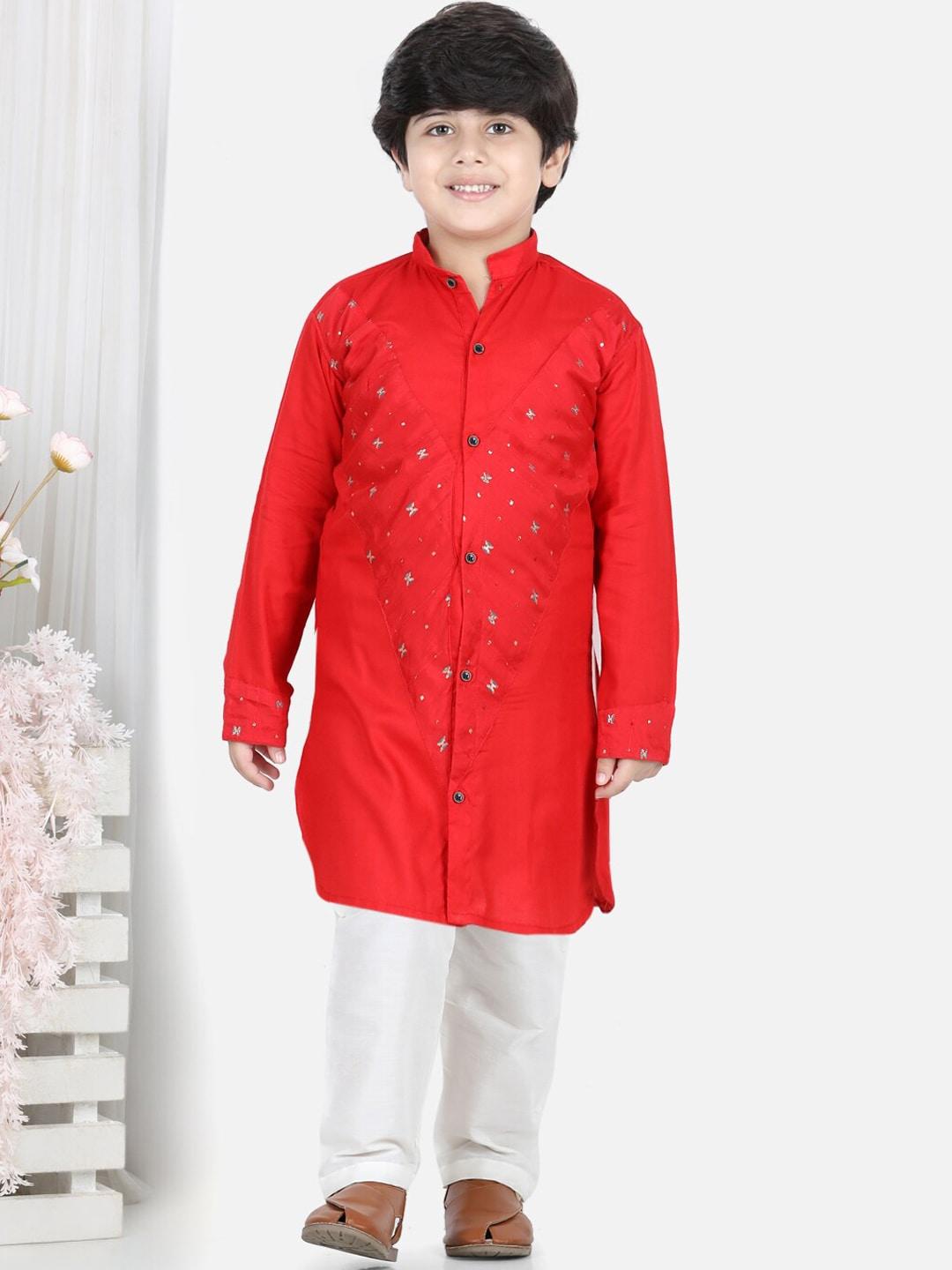 Kinder Kids Boys Red Embroidered Patchwork Pure Cotton Kurta with Pyjamas