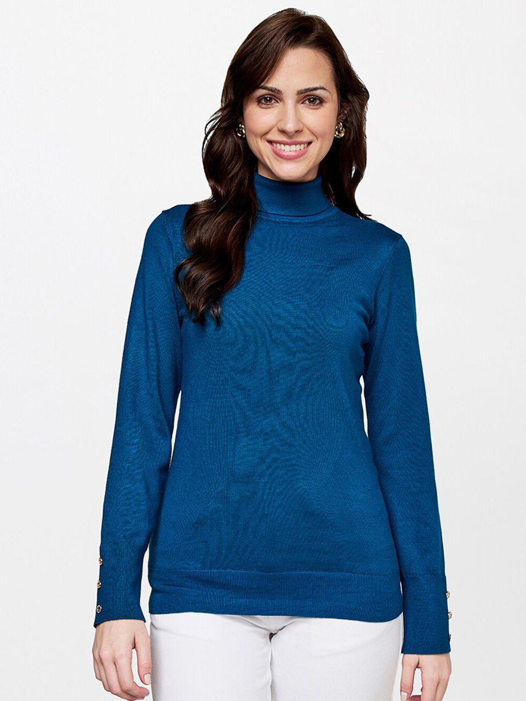 AND Teal Solid Turtle Neck Regular Top