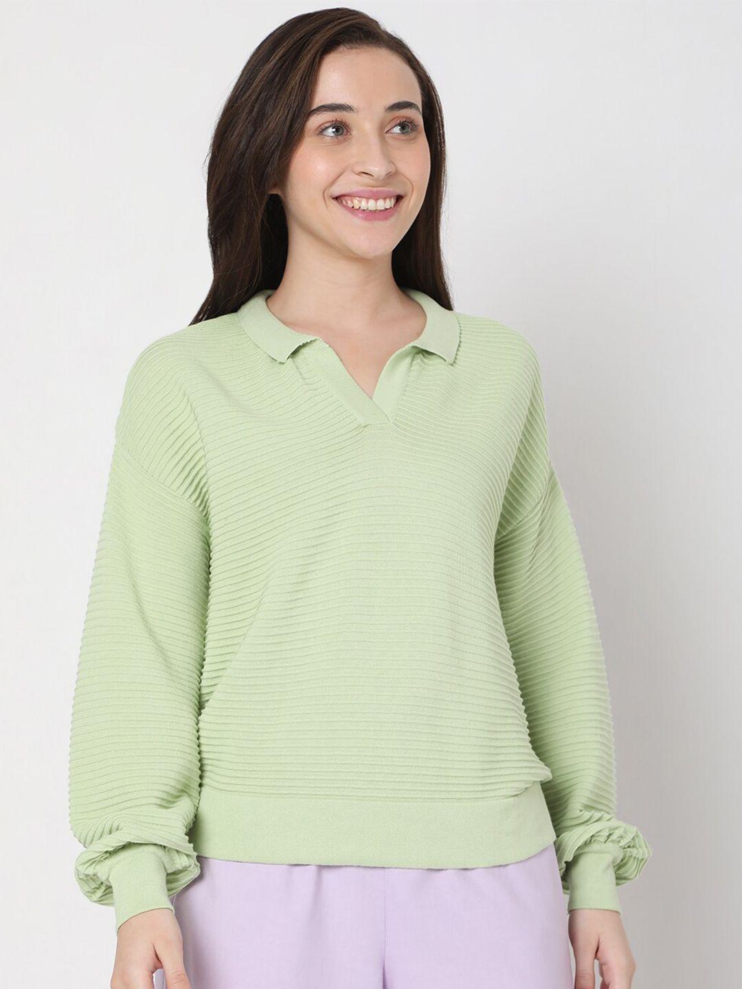 vero-moda-women-green-v-neck-puff-sleeves-t-shirt