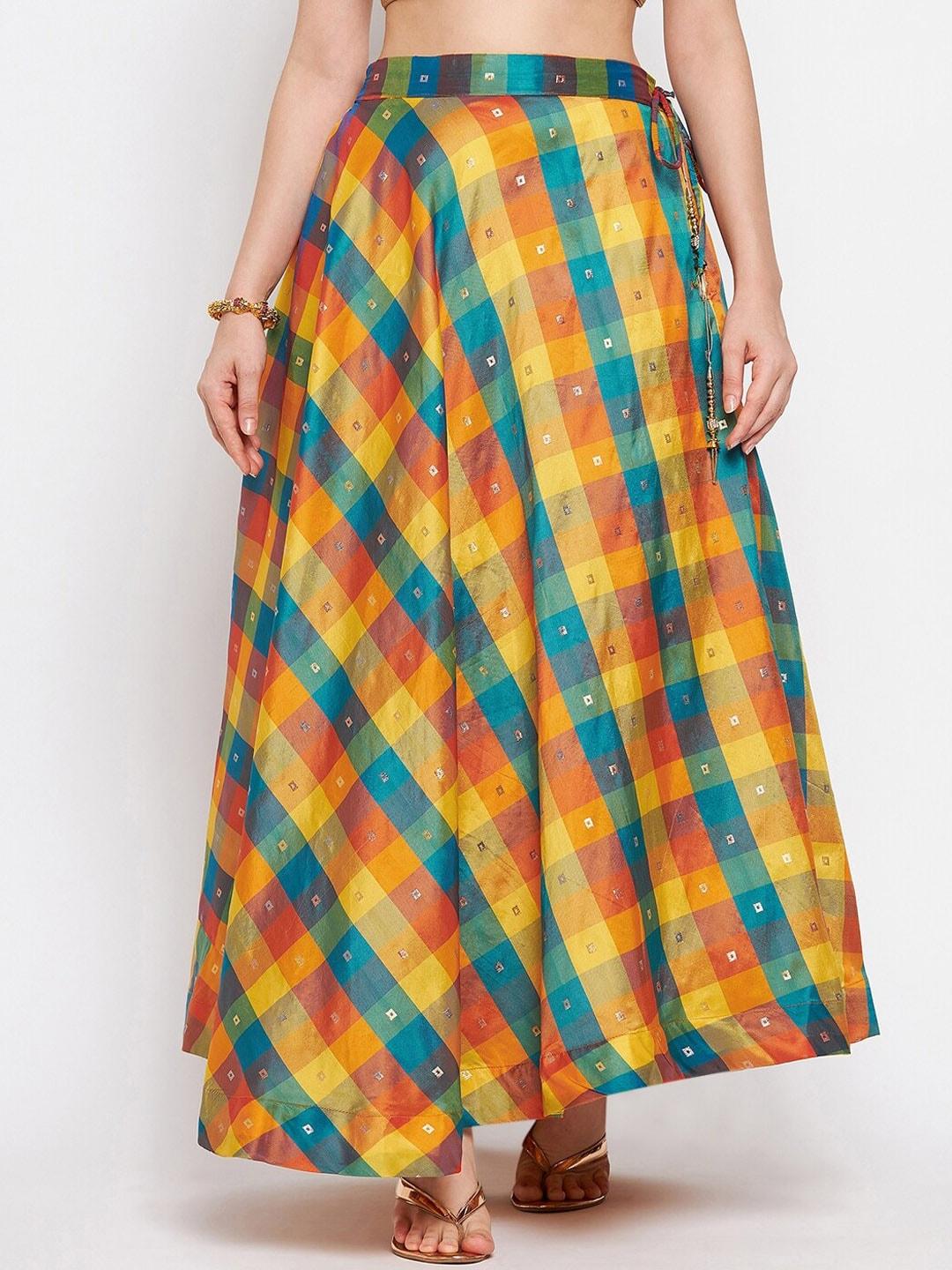 Clora Creation Women Green & Yellow Checked Maxi Flared Skirts