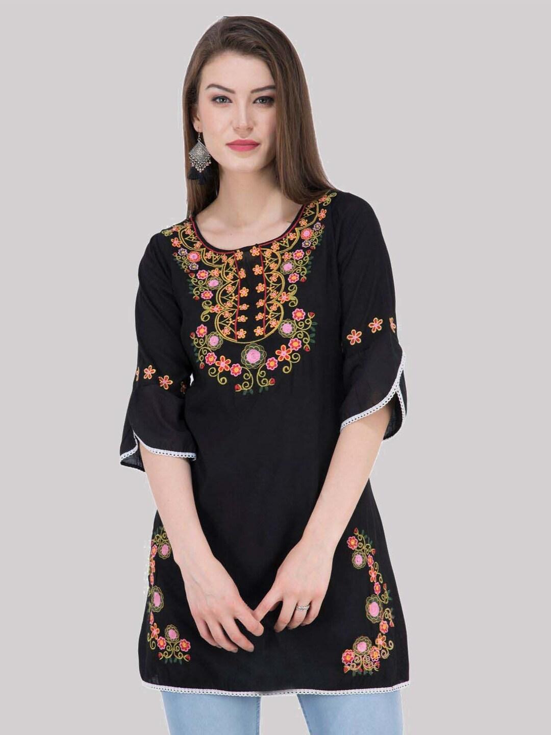 SAAKAA Women Black Floral Embroidered Polyester Top