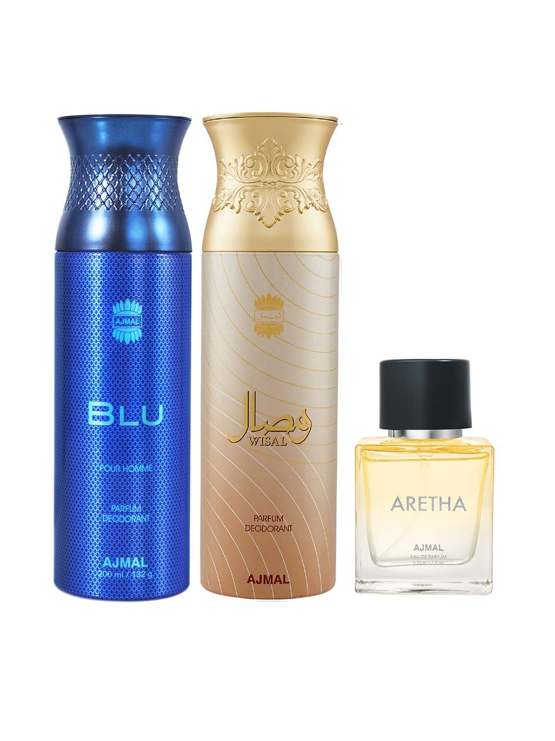 Ajmal Set Of 3 Blu Homme Deodorant, Wisal Deodorant & Aretha EDP 450ml