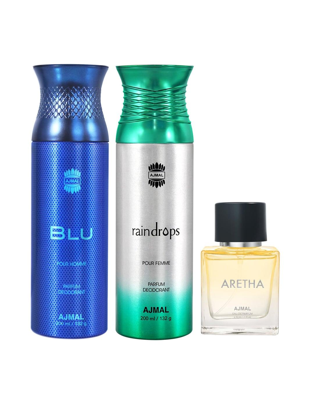 Ajmal Set of Men Blu & Women Raindrops Deodorants 200 ml Each + Aretha EDP 50 ml