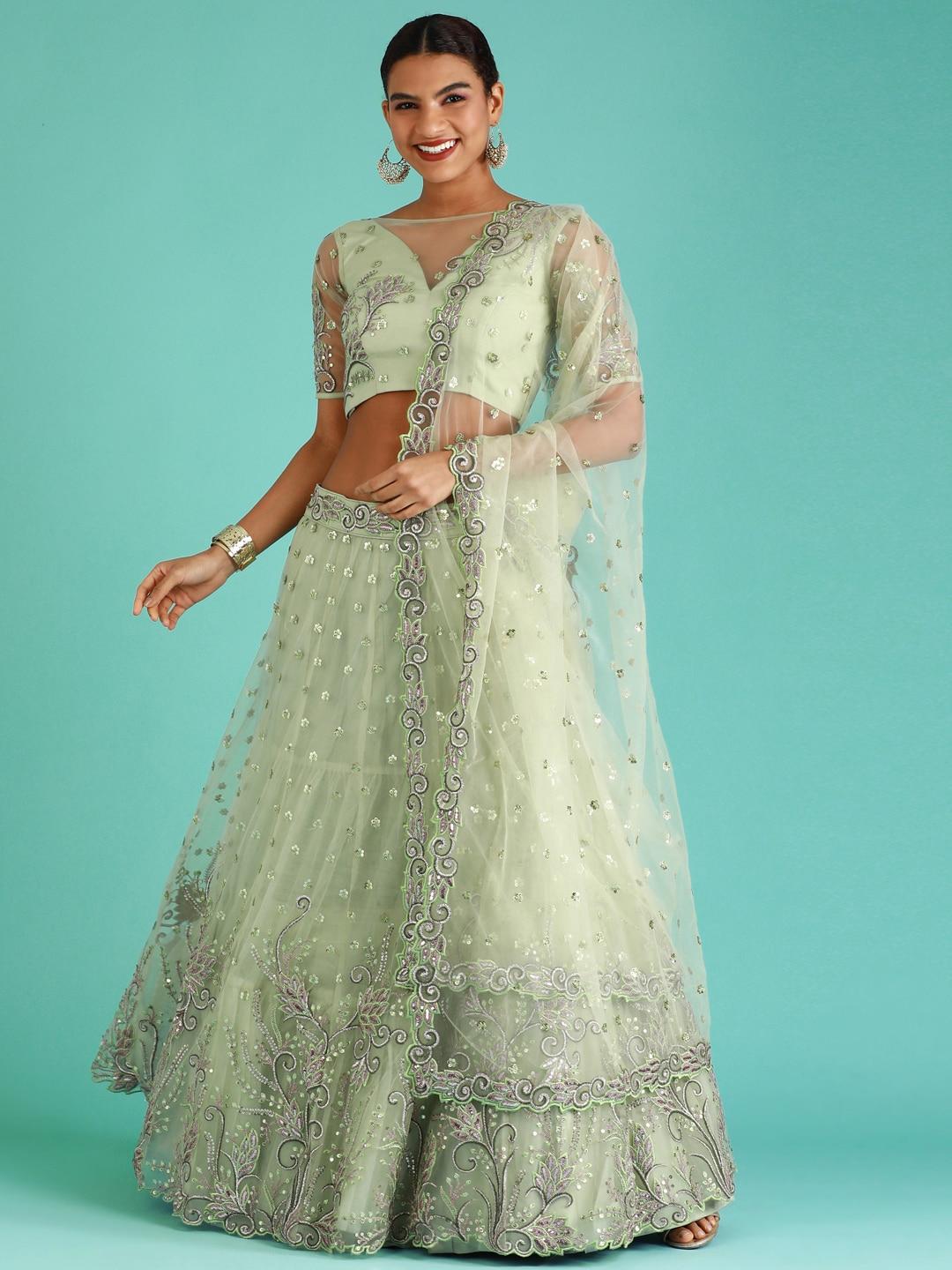 panchhi Sage Green Embellished Sequinned Semi-Stitched Lehenga Choli & Dupatta