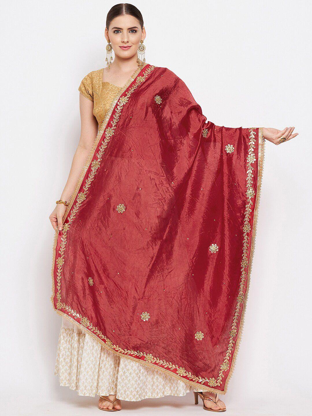Clora Creation Red Embroidered Dupatta with Beads and Stones