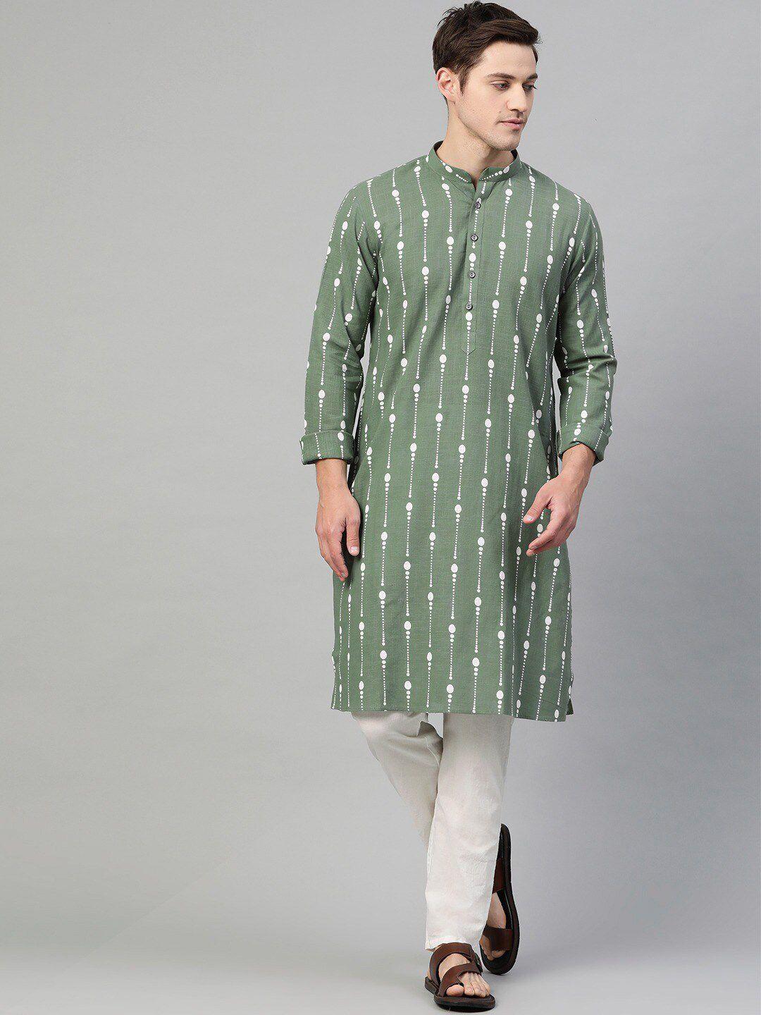 see-designs-men-green-&-white-geometric-printed-kurta