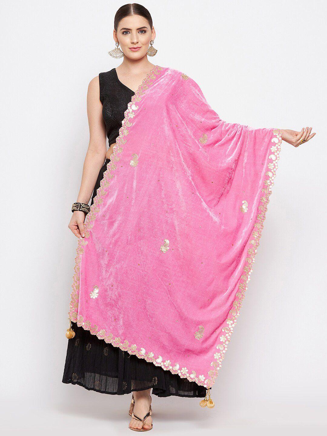 clora-creation-women-pink-&-gold-toned-embroidered-velvet-dupatta-with-gotta-patti