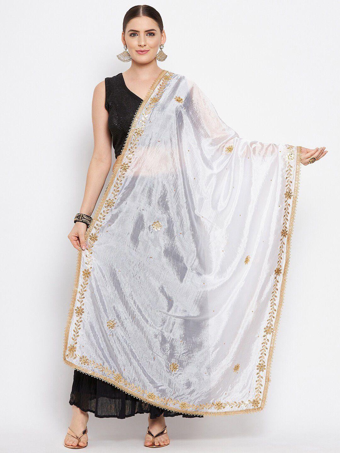 Clora Creation White & Gold-Toned Embroidered Dupatta with Beads and Stones