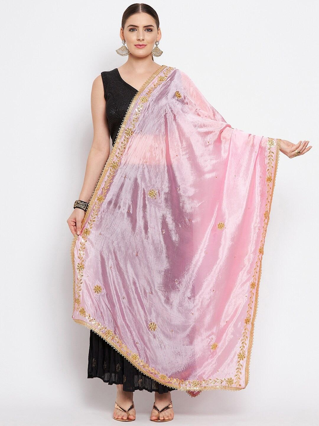 Clora Creation Pink & Gold-Toned Embroidered with Beads and Stones Dupatta