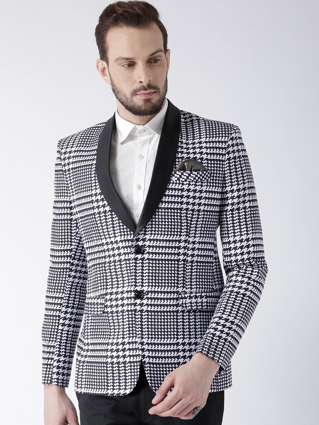 Hangup Men Black & White Checked Single Breasted Formal Blazers