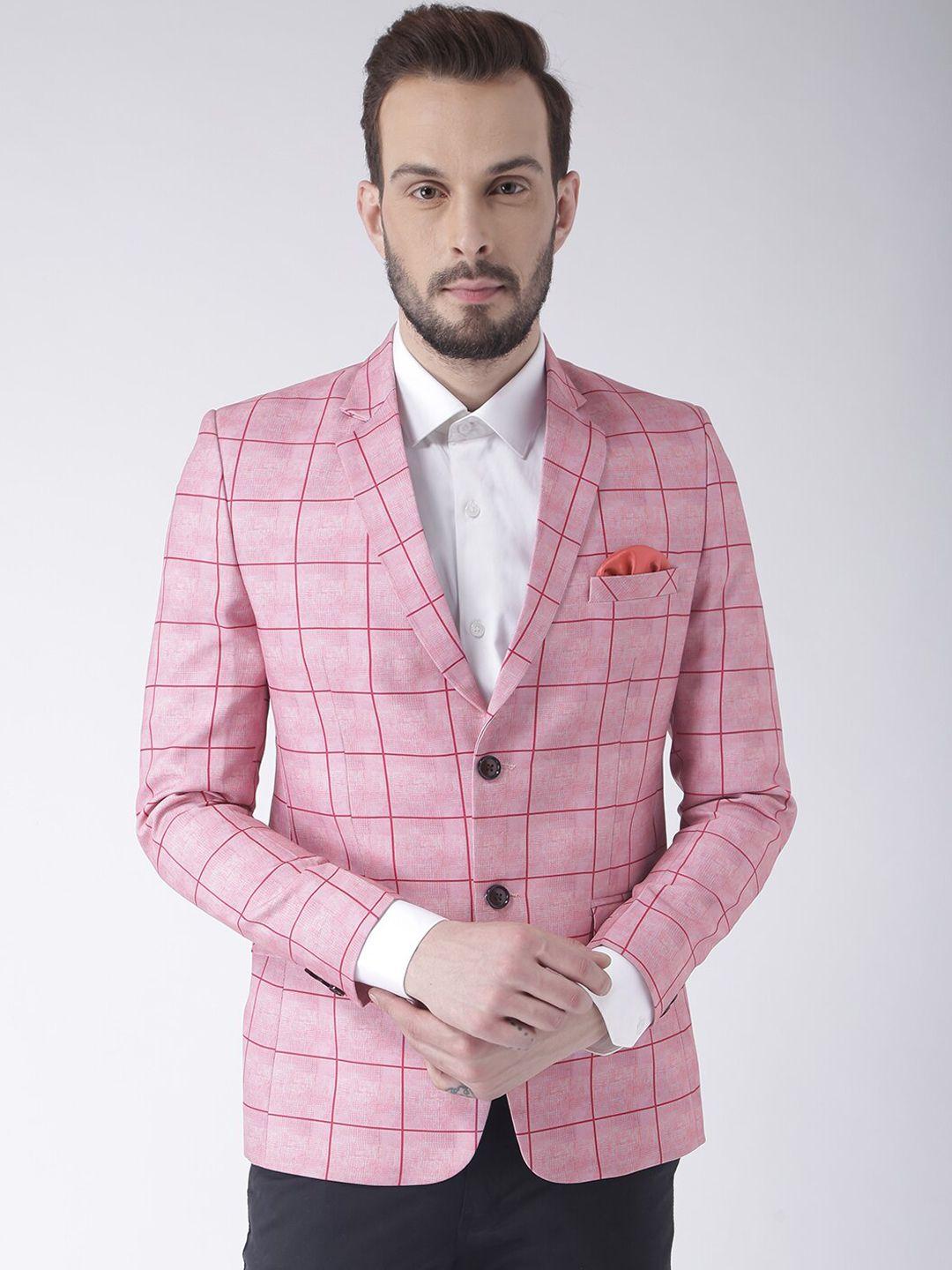 Hangup Men Pink Checked Printed Single-Breasted Formal Blazers