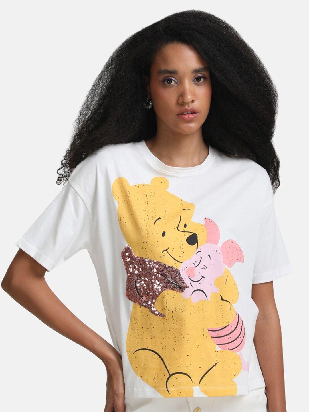 kazo-women-white-&-yellow-winnie-the-pooh-printed-drop-shoulder-sleeves-oversized-t-shirt