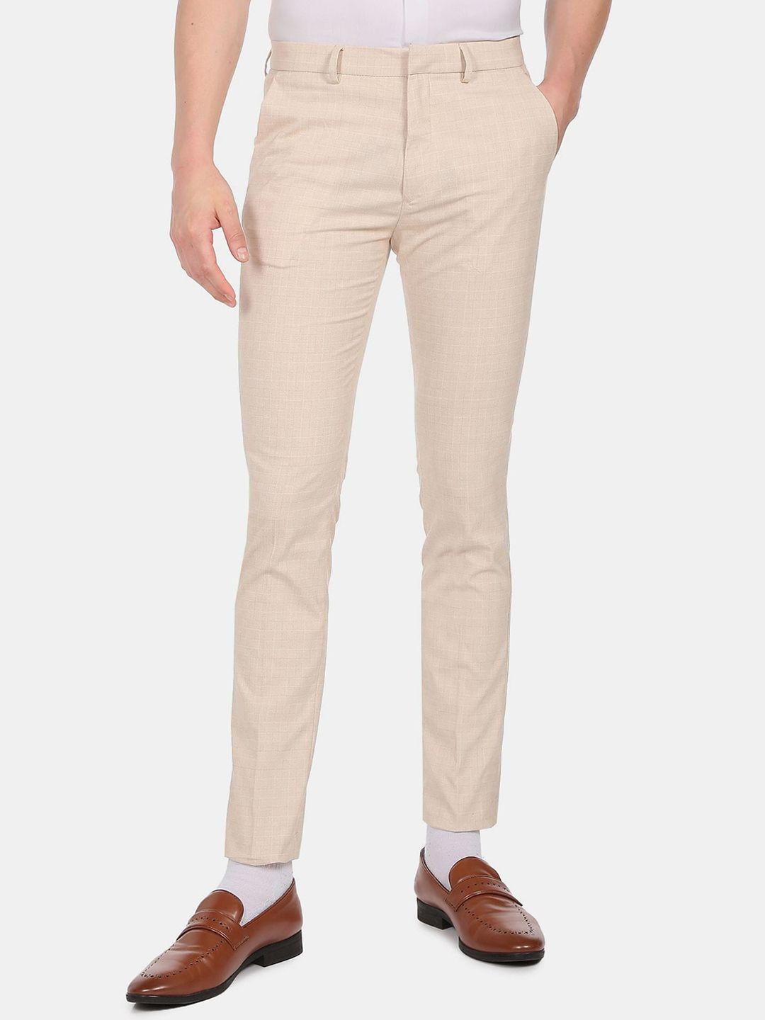 arrow-new-york-men-beige-textured-slim-fit-trousers